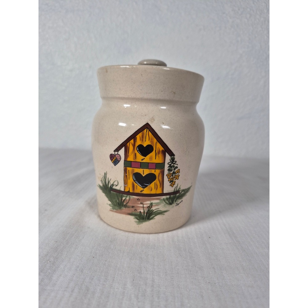 Vtg Yesteryears Hand Painted Birdhouse Stoneware Crock Jar w/Lid - USA
